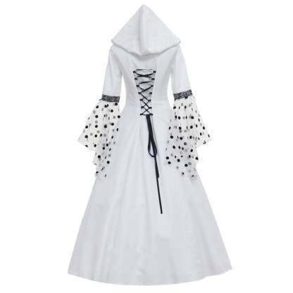 Gothic Steampunk Hooded Polka Dot White Dress - Medieval Victorian Renaissance Costume-Astricos