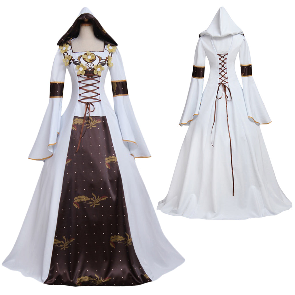 Medieval Victorian Renaissance Gothic Hooded Wedding Dress with Flora Flower Laceup-Astricos