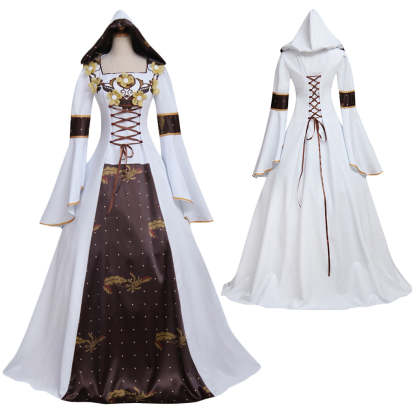 Medieval Victorian Renaissance Gothic Hooded Wedding Dress with Flora Flower Laceup-Astricos