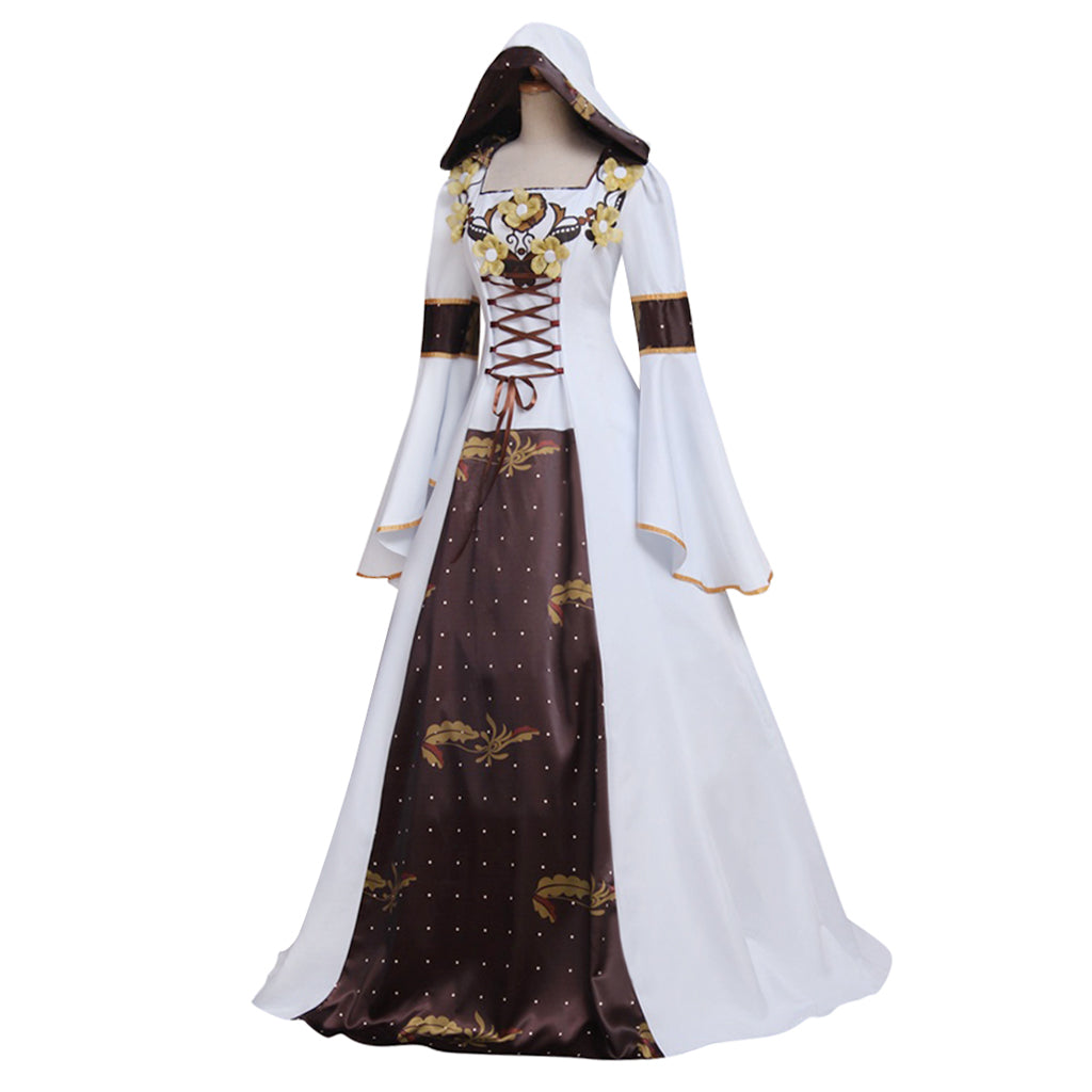 Medieval Victorian Renaissance Gothic Hooded Wedding Dress with Flora Flower Laceup-Astricos