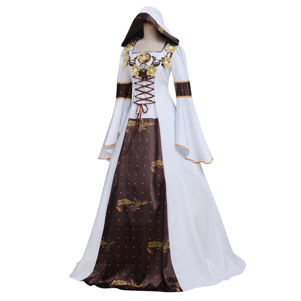 Medieval Victorian Renaissance Gothic Hooded Wedding Dress with Flora Flower Laceup-Astricos