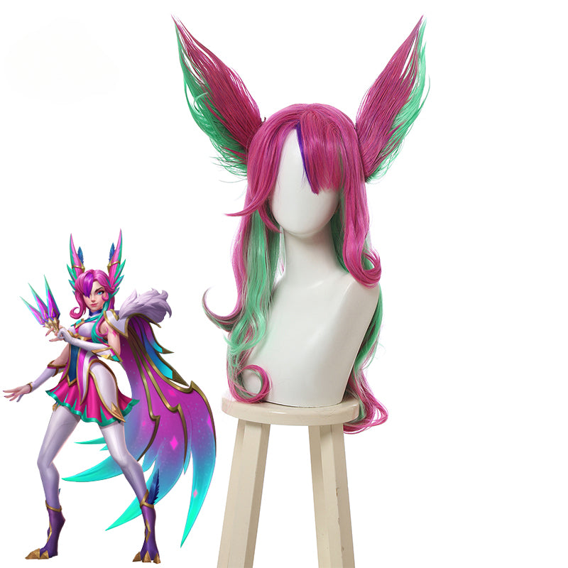 LOL Star Guardian Xayah Cosplay Wig - 65cm Mixed Color with Ears, Heat Resistant Synthetic-Astricos