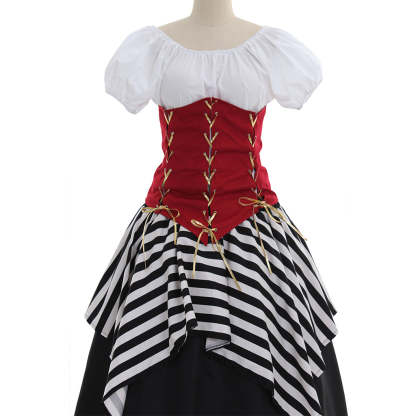 Red Black Medieval Renaissance Victorian Corset Pirate Dress - Perfect for Halloween & Carnival Parties-Astricos