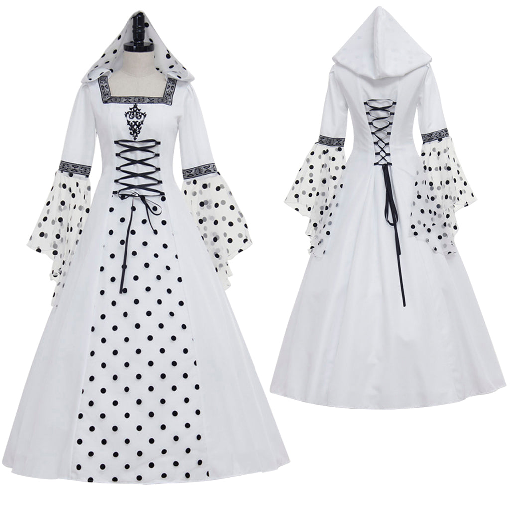Gothic Steampunk Hooded Polka Dot White Dress - Medieval Victorian Renaissance Costume-Astricos