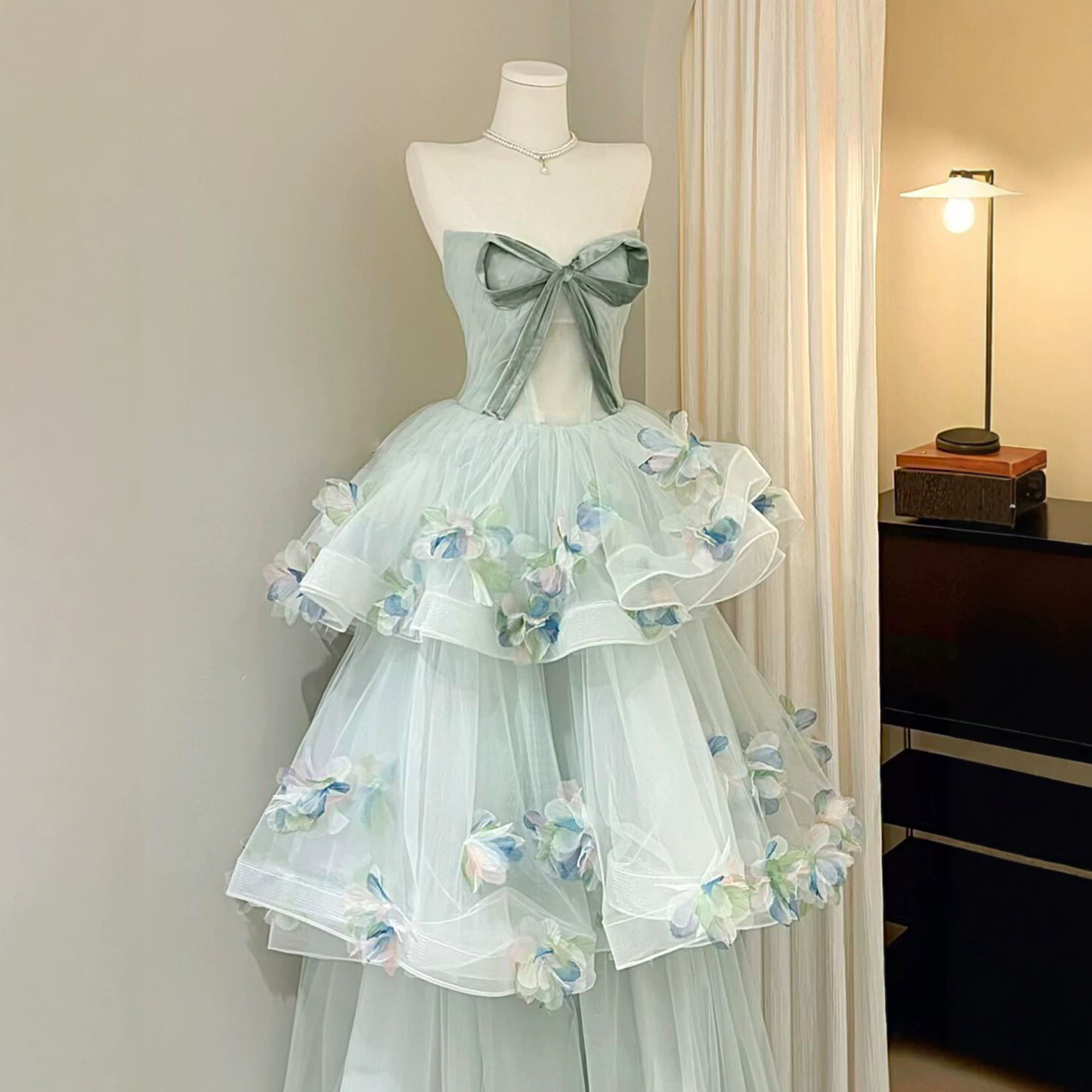 Strapless Floral Princess Evening Gown, Custom‑Made for Banquet & Birthday Events