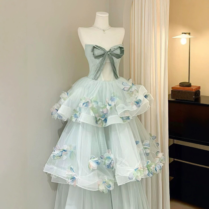 Strapless Floral Princess Evening Gown, Custom‑Made for Banquet & Birthday Events