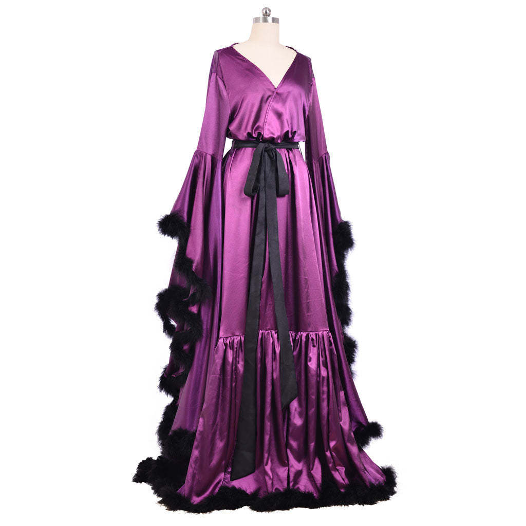 Medieval Ladies Robe Pajamas - Vintage Wedding Long Bridal Boudoir Robe in Purple Luxury Evening Dress-Astricos