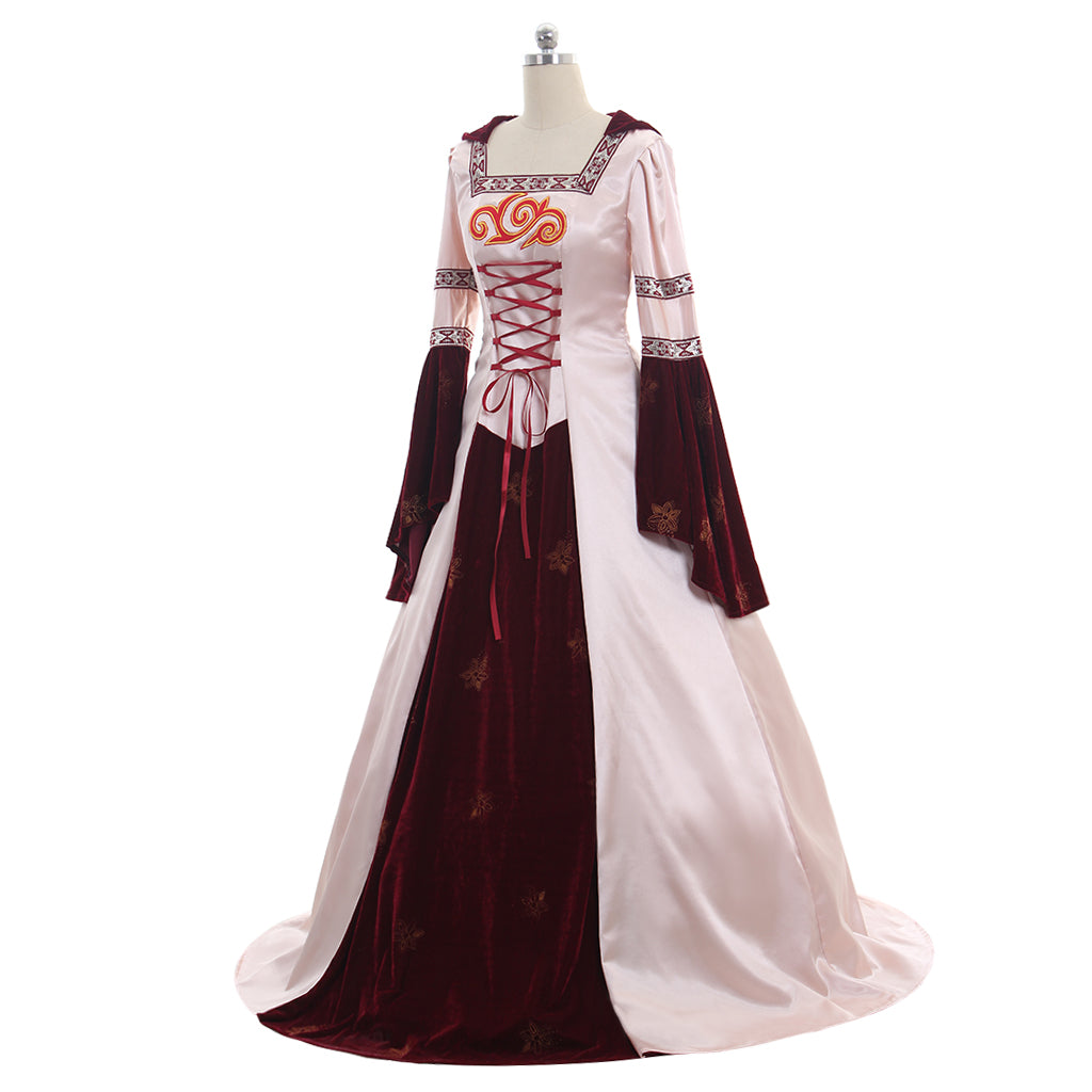 Pink Medieval Ball Gown Cosplay Dress - Long Sleeves Satin/Velvet Hooded Custom Maid Outfit-Astricos