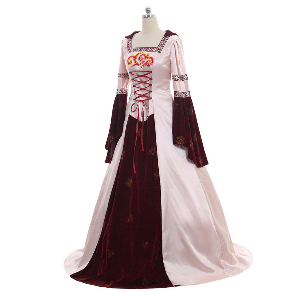 Pink Medieval Ball Gown Cosplay Dress - Long Sleeves Satin/Velvet Hooded Custom Maid Outfit-Astricos