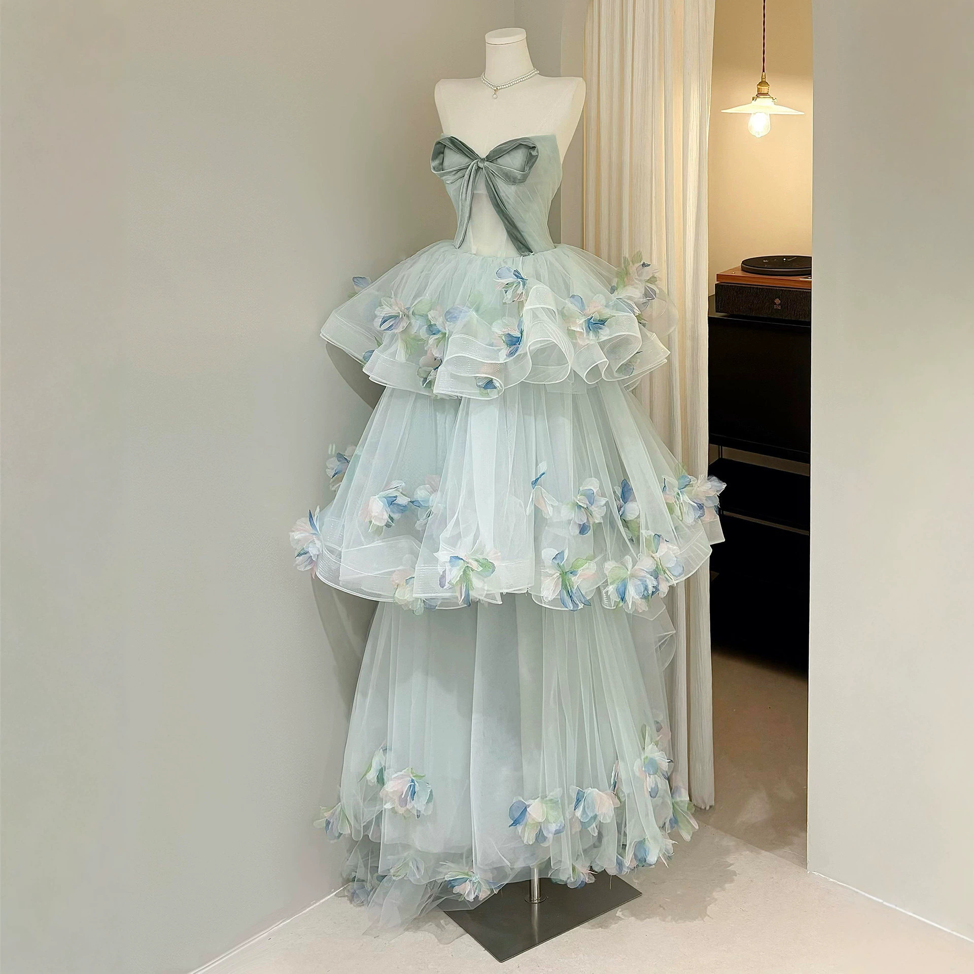 Strapless Floral Princess Evening Gown, Custom‑Made for Banquet & Birthday Events