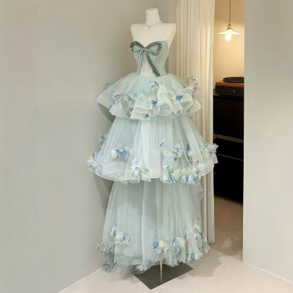 Strapless Floral Princess Evening Gown, Custom‑Made for Banquet & Birthday Events