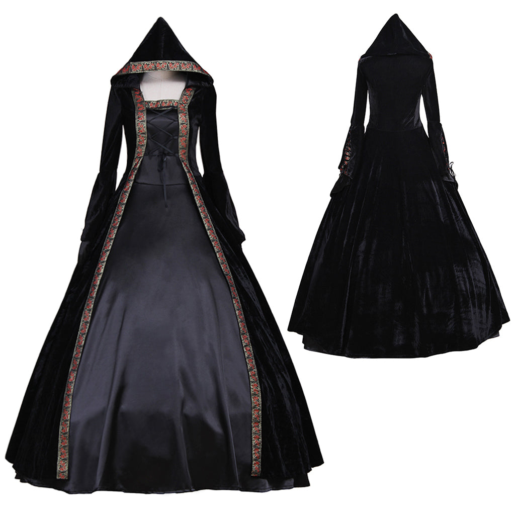 Victorian Rococo Medieval Gown - Gothic Punk Black Velvet Cosplay Costume-Astricos