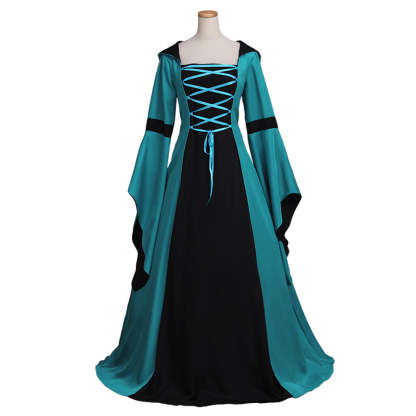 Elegant Women's Vintage Medieval Costume - Renaissance Victorian Square Neck Flare Sleeve Lace Patchwork Hooded Gown-Astricos