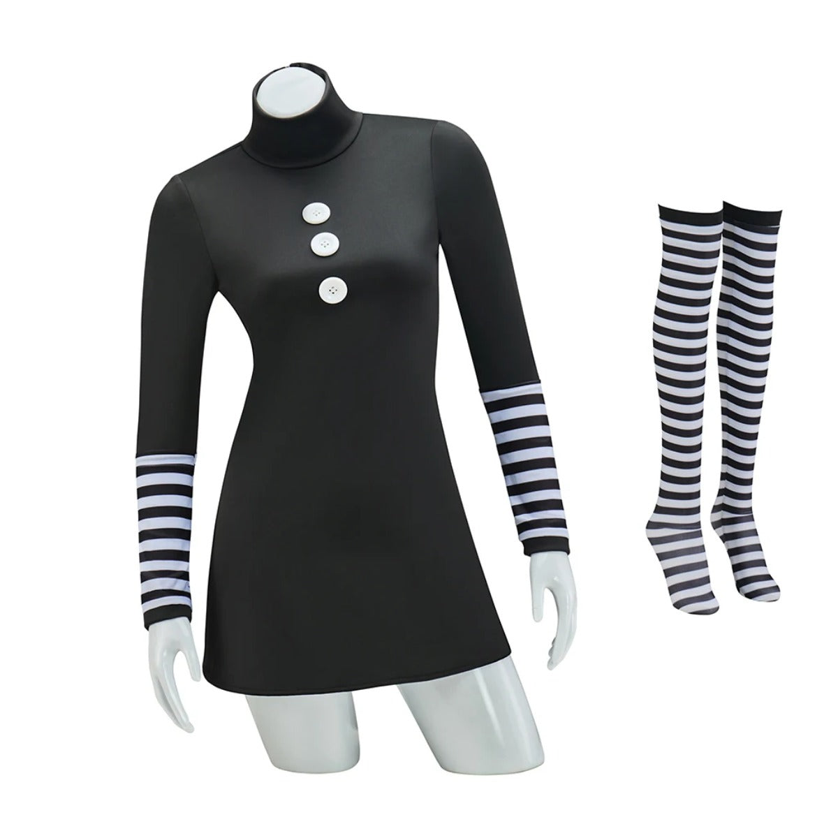 Marionette Cosplay Costume - Black Dress with Striped Stockings for Adult Women | Halloween & Carnival-Astricos