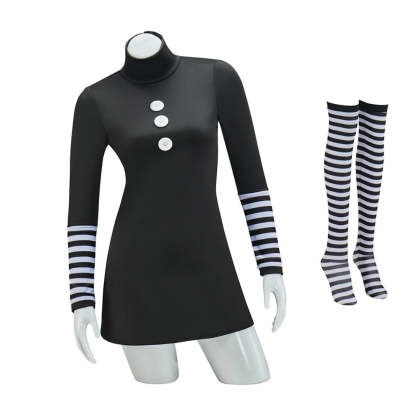 Marionette Cosplay Costume - Black Dress with Striped Stockings for Adult Women | Halloween & Carnival-Astricos