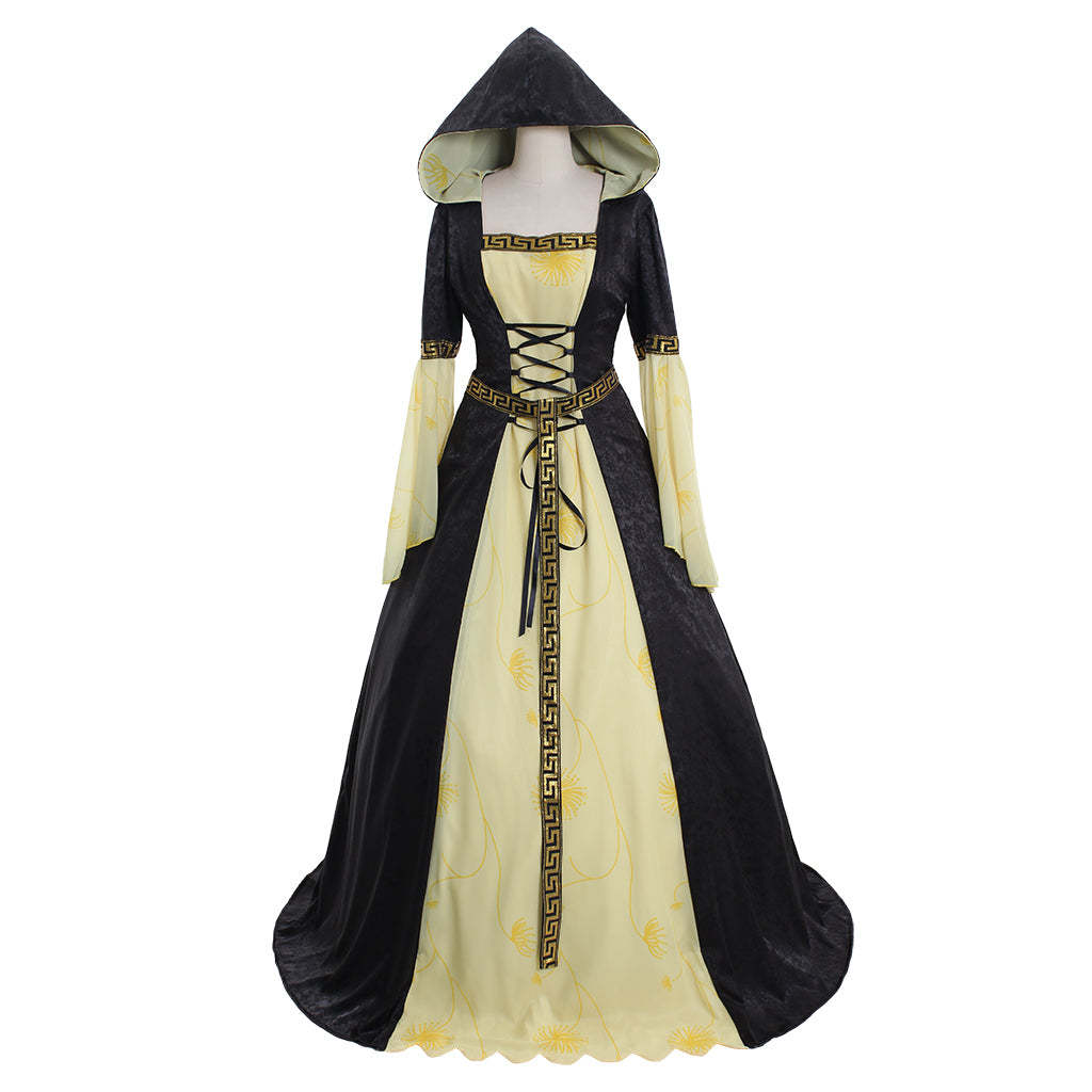Yellow Black Hooded Medieval Dress with Belt - Women's Vintage Cosplay Costume-Astricos