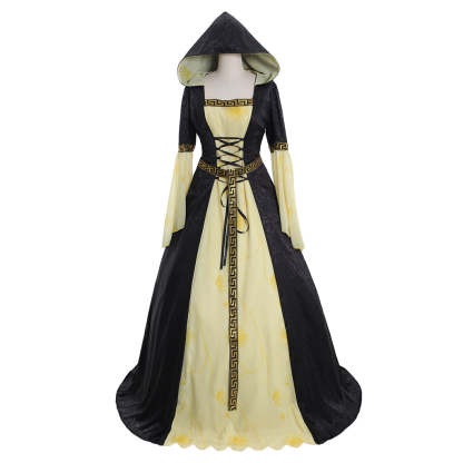 Yellow Black Hooded Medieval Dress with Belt - Women's Vintage Cosplay Costume-Astricos