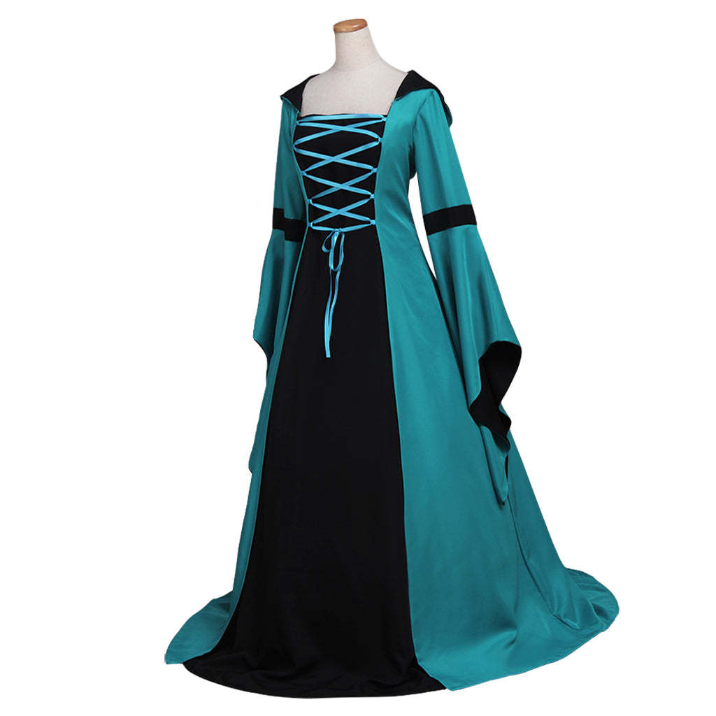 Elegant Women's Vintage Medieval Costume - Renaissance Victorian Square Neck Flare Sleeve Lace Patchwork Hooded Gown-Astricos