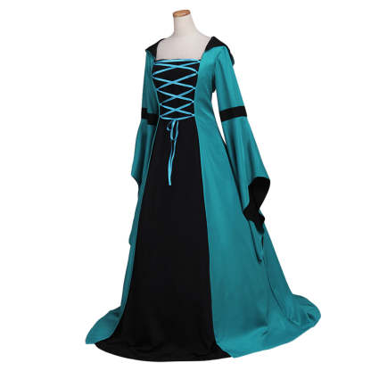 Elegant Women's Vintage Medieval Costume - Renaissance Victorian Square Neck Flare Sleeve Lace Patchwork Hooded Gown-Astricos