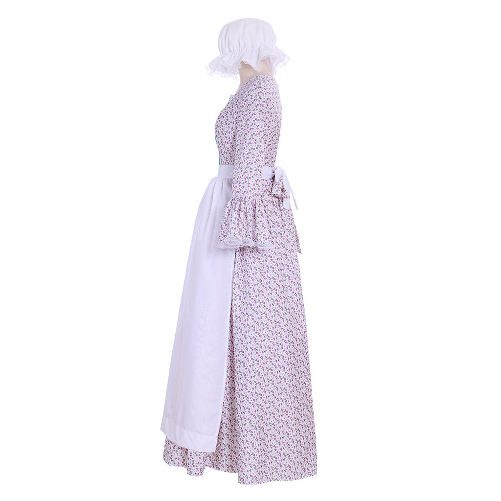 Victorian Pioneer Pilgrim Wench Floral Prairie Dress – Women’s Colonial Lolita Cosplay Costume-Astricos
