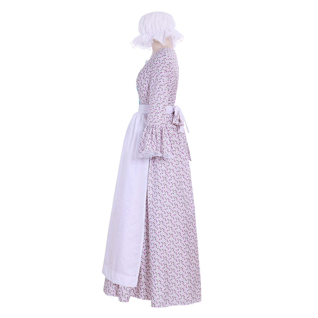 Victorian Pioneer Pilgrim Wench Floral Prairie Dress – Women’s Colonial Lolita Cosplay Costume-Astricos