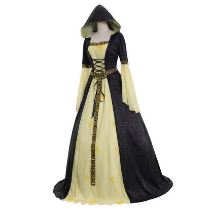 Yellow Black Hooded Medieval Dress with Belt - Women's Vintage Cosplay Costume-Astricos