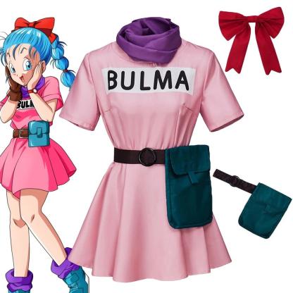 Anime Dragon Ball Bulma Cosplay Costume - Pink Dress with Accessories | Astricos-Astricos