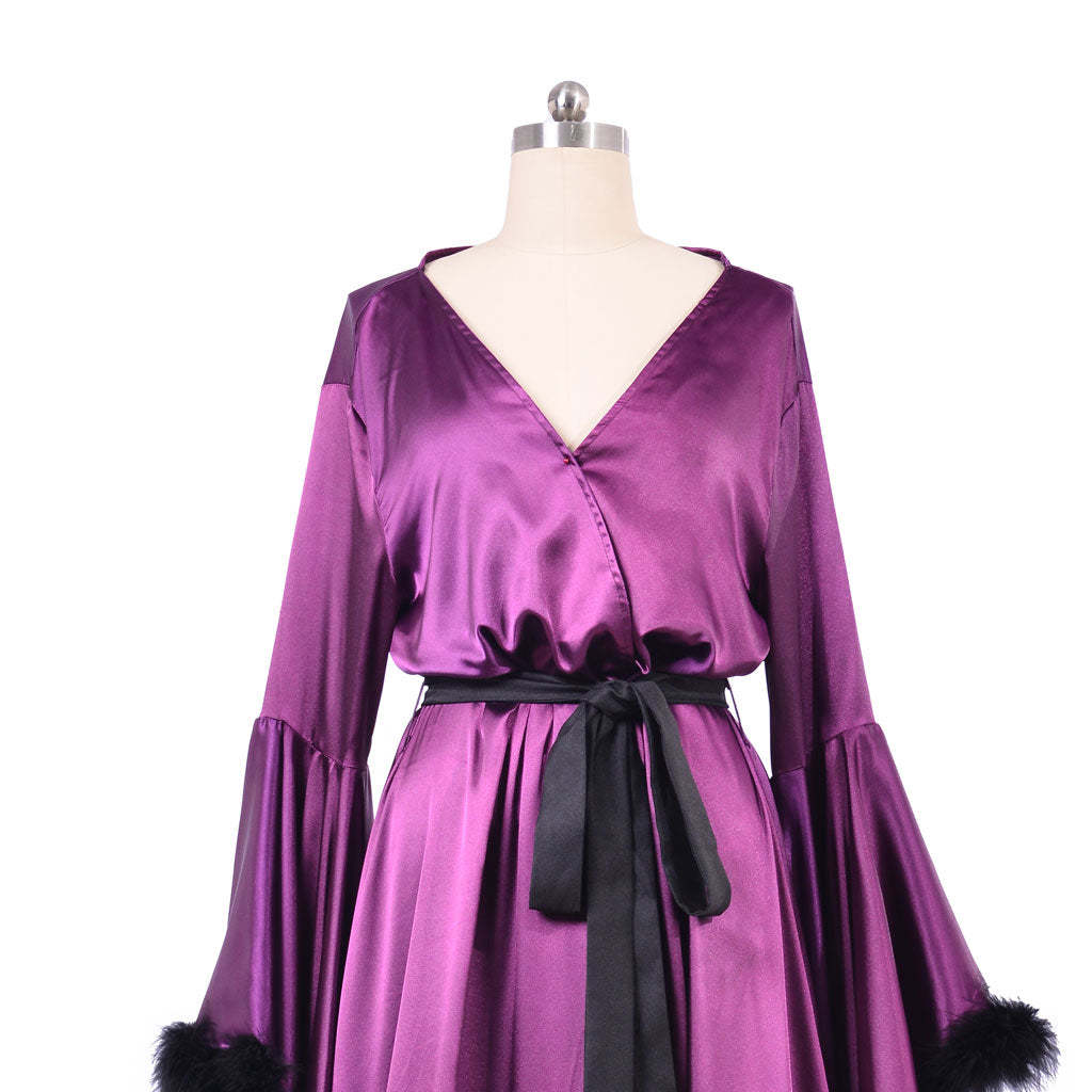 Medieval Ladies Robe Pajamas - Vintage Wedding Long Bridal Boudoir Robe in Purple Luxury Evening Dress-Astricos