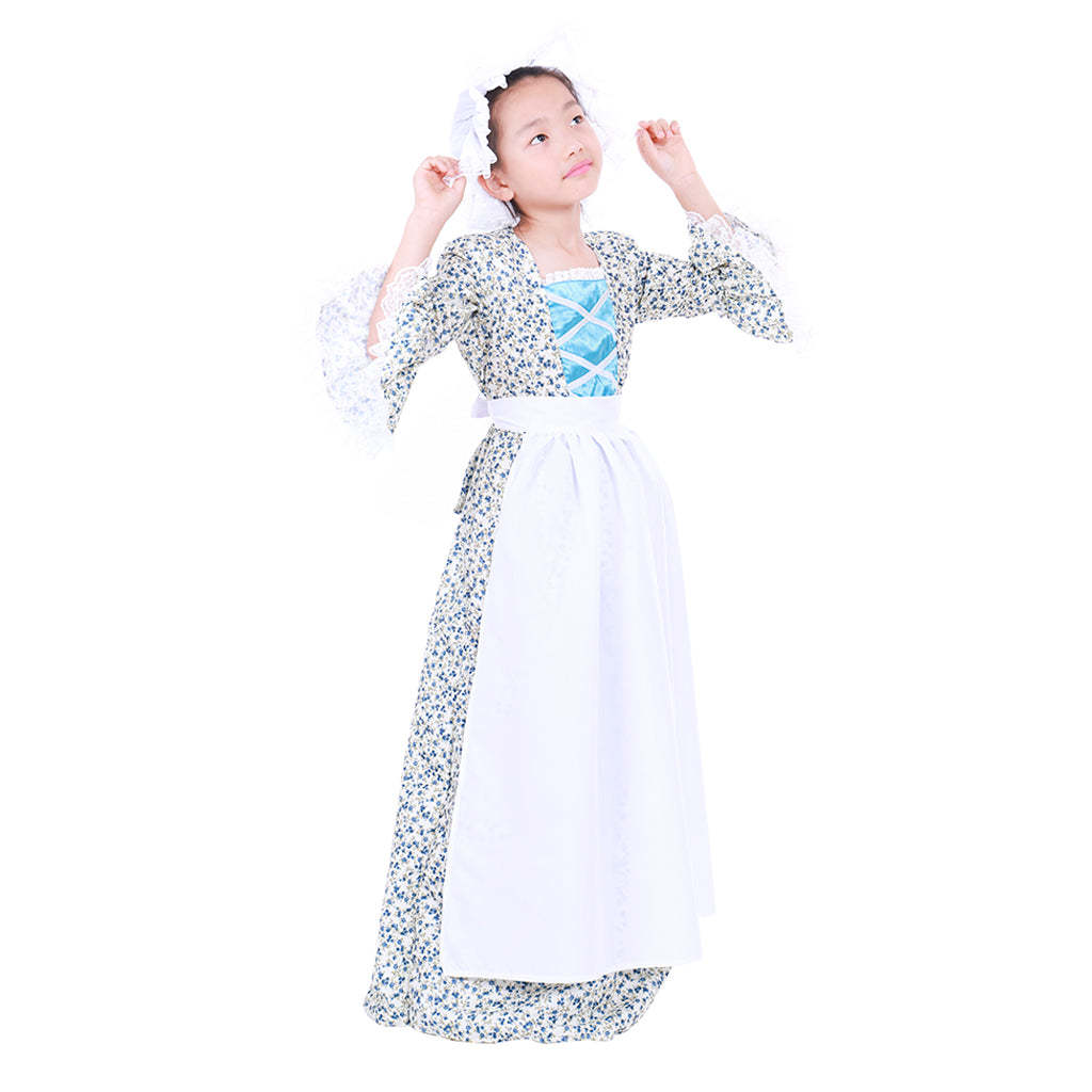 Vintage Countryside Floral Pilgrim Pioneer Bonnet Set - Colonial Cosplay Dress for Girls-Astricos