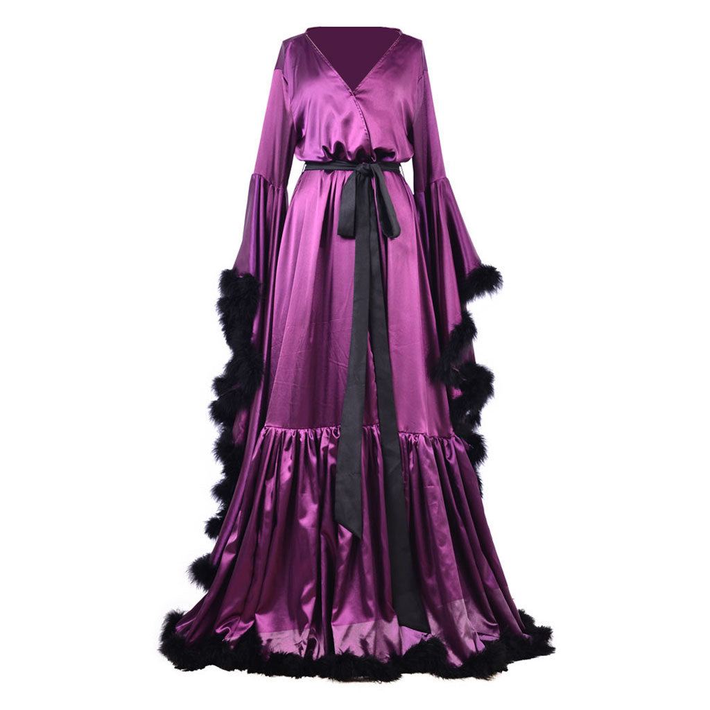 Medieval Ladies Robe Pajamas - Vintage Wedding Long Bridal Boudoir Robe in Purple Luxury Evening Dress-Astricos