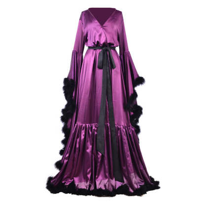 Medieval Ladies Robe Pajamas - Vintage Wedding Long Bridal Boudoir Robe in Purple Luxury Evening Dress-Astricos