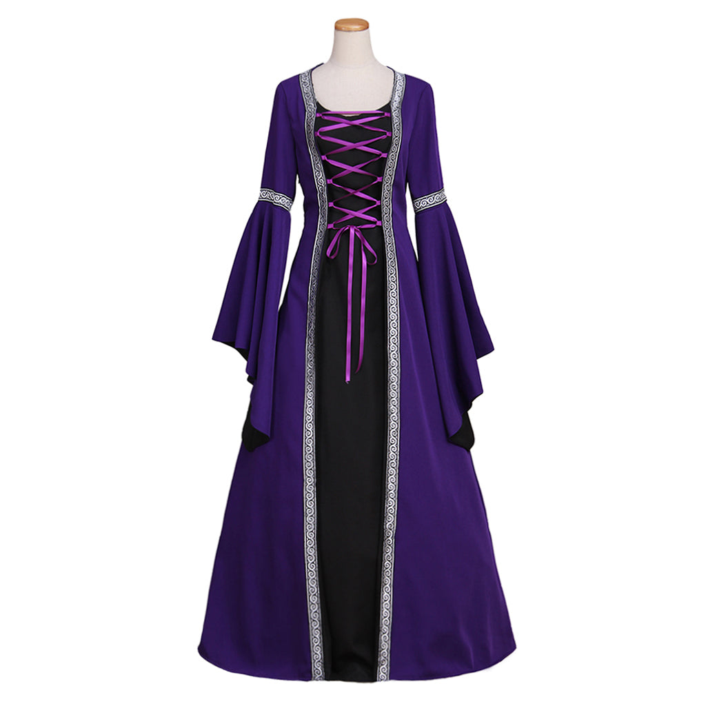 Gothic Victorian Purple Cosplay Dress with Long Trumpet Sleeves - Elegant Medieval Ball Gown-Astricos