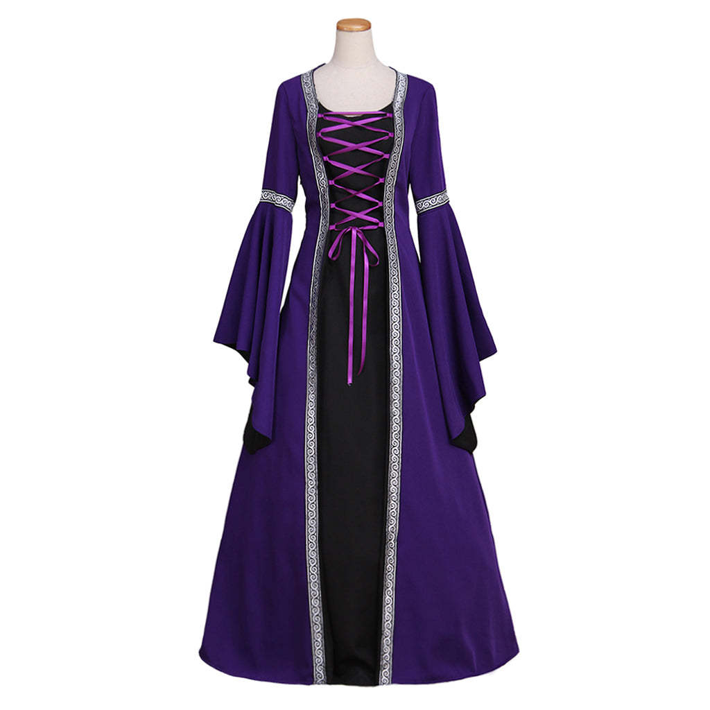 Gothic Victorian Purple Cosplay Dress with Long Trumpet Sleeves - Elegant Medieval Ball Gown-Astricos