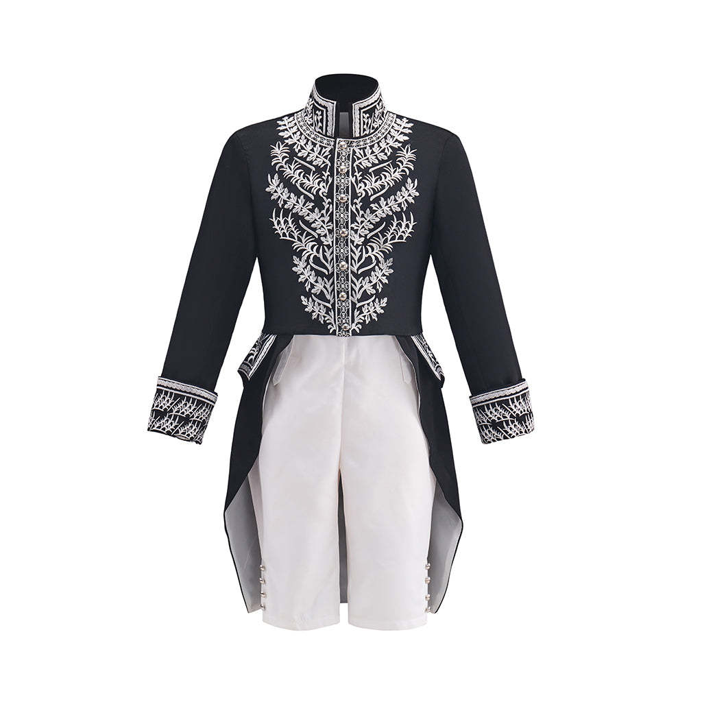 Men's Court Prince Medieval Cosplay Costume - Black & Silver Trim Tuxedo Set