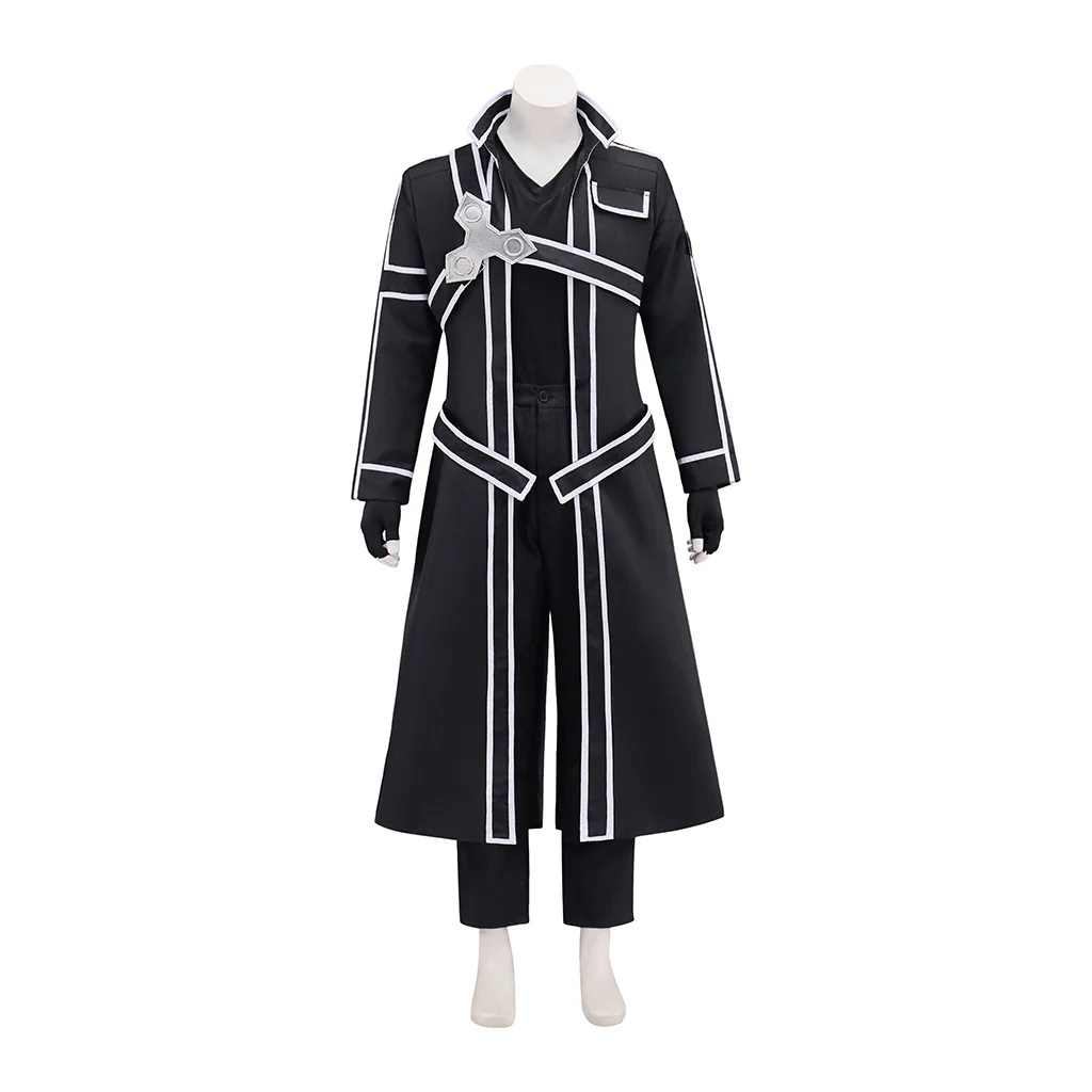 Astricos Sword Art Online Kirito Cosplay Costume, Black Swordsman Kirigaya Kazuto Outfit with Long Coat, Custom Size for Halloween, Comic Con & Anime Cosplay