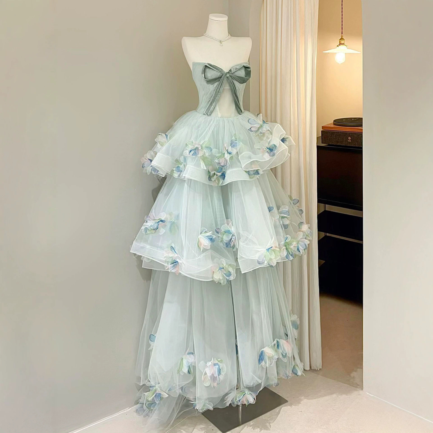 Strapless Floral Princess Evening Gown, Custom‑Made for Banquet & Birthday Events