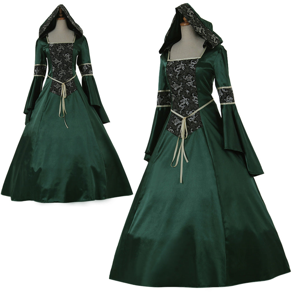 Medieval Elegant Long Sleeve Victorian Aristocrat Ball Gown Dress - Deep Green for Wedding & Carnaval Party-Astricos