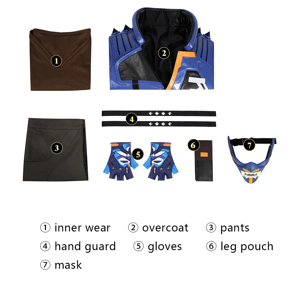 Valorant Yoru Cosplay Costume for Men - Full Set with Blue Jacket, Pants, and Mask-Astricos