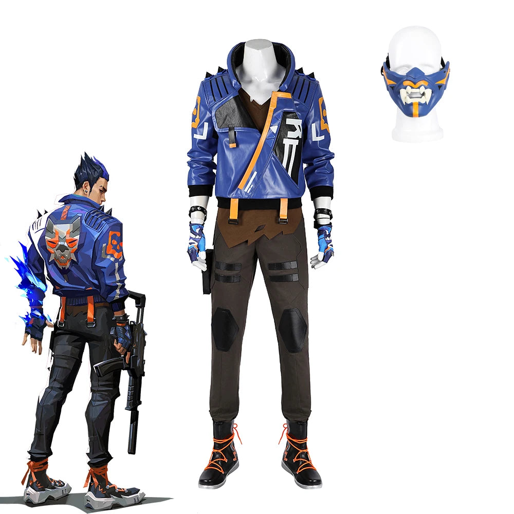Valorant Yoru Cosplay Costume for Men - Full Set with Blue Jacket, Pants, and Mask-Astricos