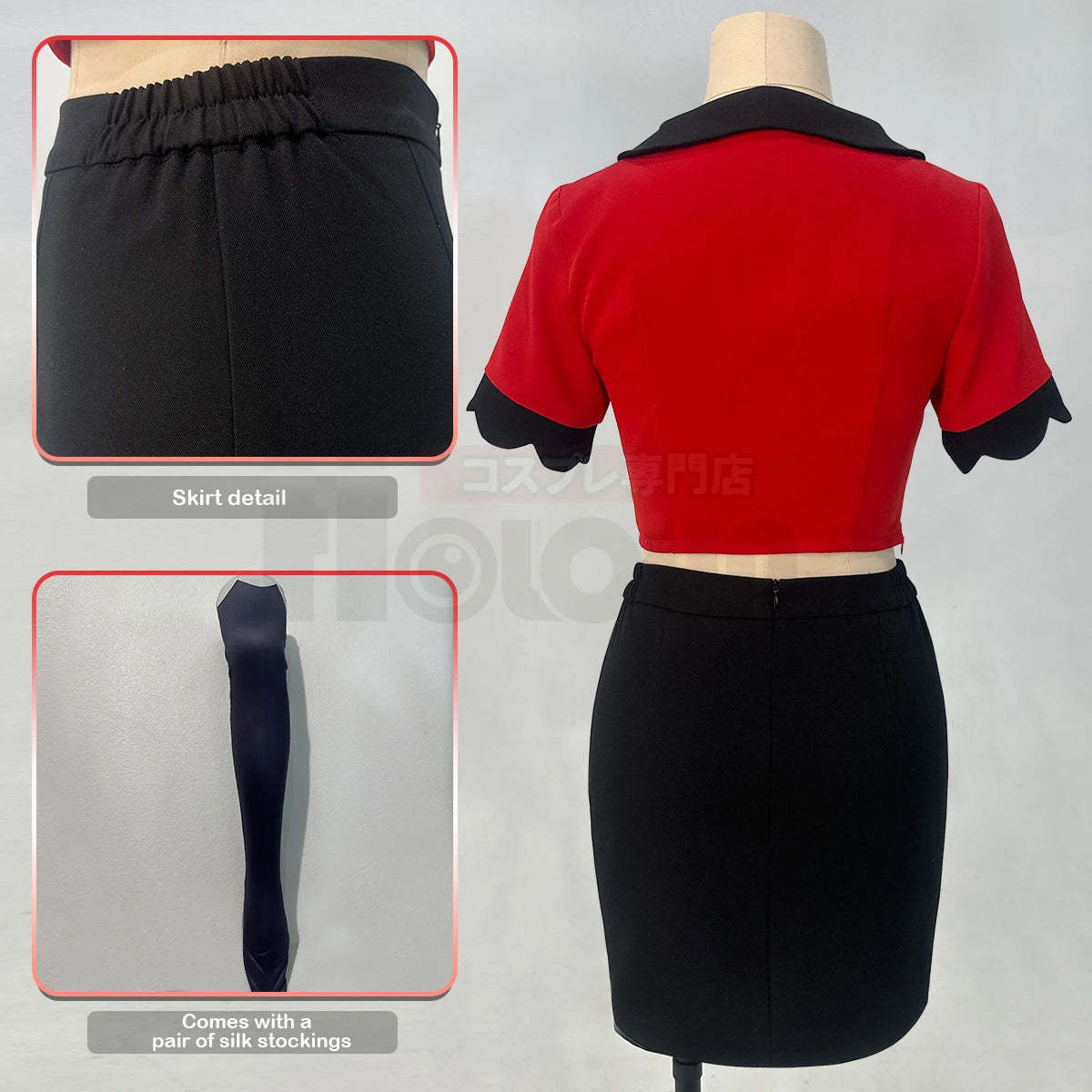 Haz Hotel Anime Vaggie Cosplay Costume with Wig, Top, Skirt, Long Silver Grey Rose Net Comb-Astricos