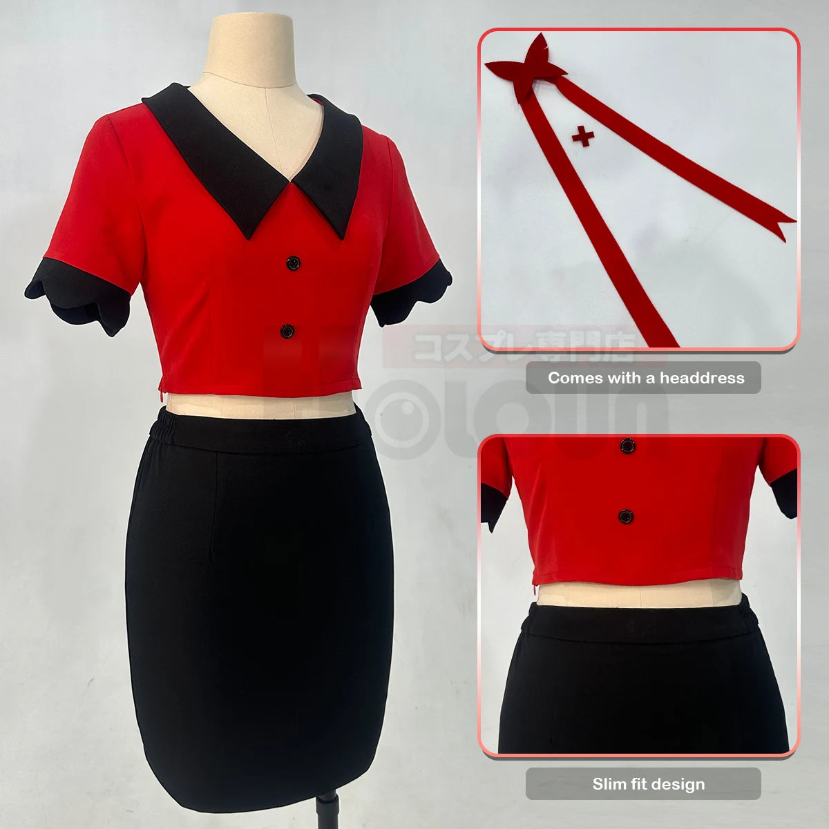 Haz Hotel Anime Vaggie Cosplay Costume with Wig, Top, Skirt, Long Silver Grey Rose Net Comb-Astricos