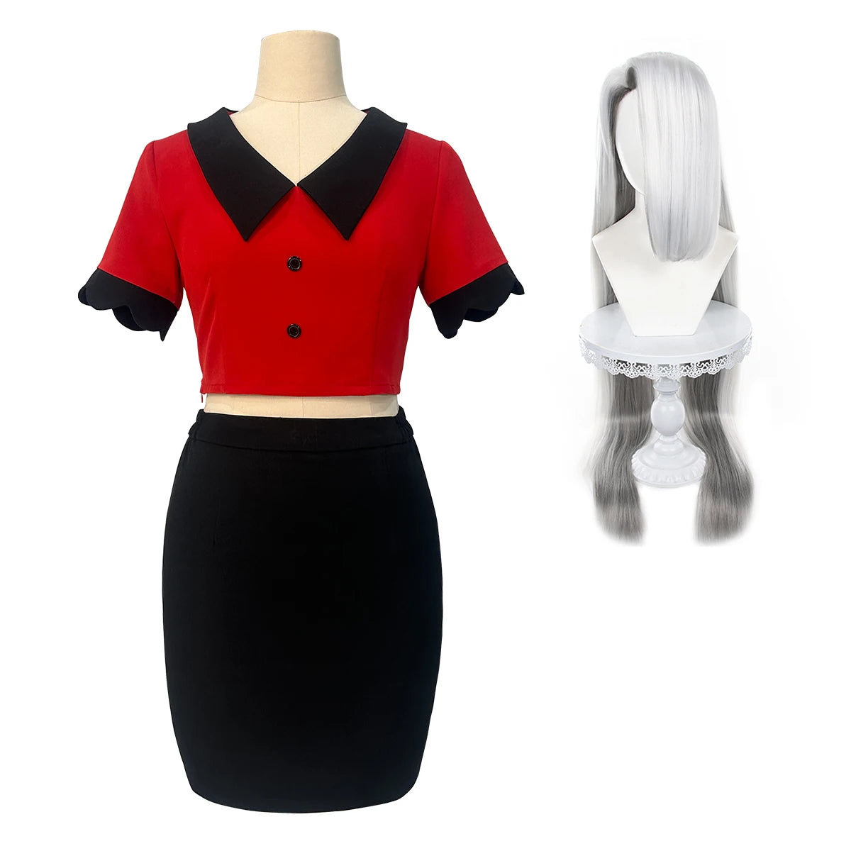 Haz Hotel Anime Vaggie Cosplay Costume with Wig, Top, Skirt, Long Silver Grey Rose Net Comb-Astricos