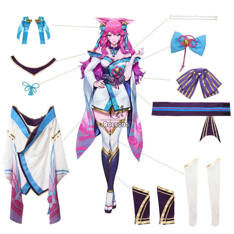 Spirit Blossom Ahri Cosplay Costume Full Set with Wig - LOL Inspired Kimono Outfit-Astricos