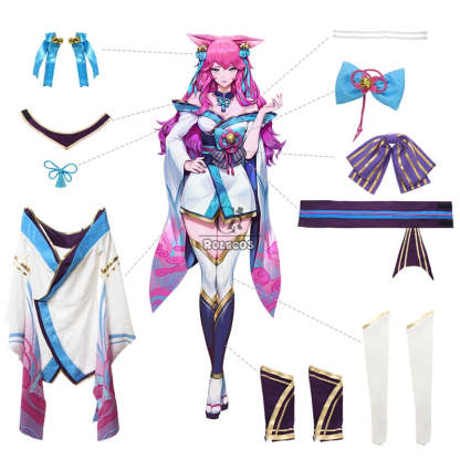 Spirit Blossom Ahri Cosplay Costume Full Set with Wig - LOL Inspired Kimono Outfit-Astricos
