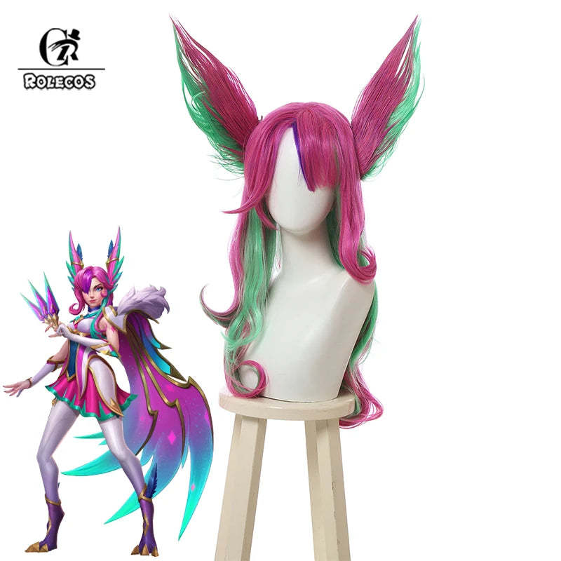 LOL Star Guardian Xayah Cosplay Wig - 65cm Mixed Color with Ears, Heat Resistant Synthetic-Astricos