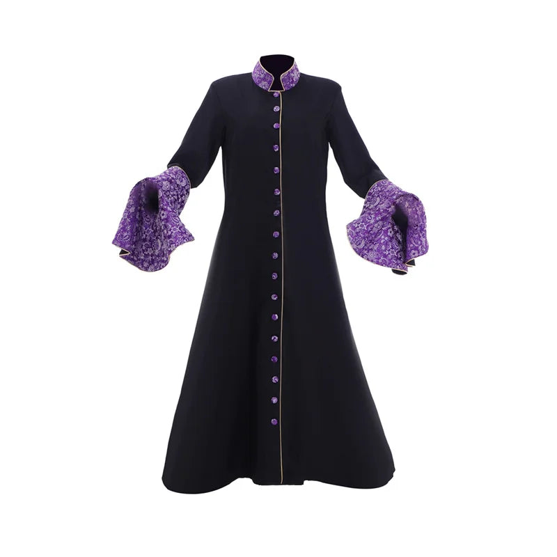 Medieval Priestess Robe Costume - Women’s Black Clergy Cassock with Trumpet Sleeves & Cloak | Astricos-Astricos