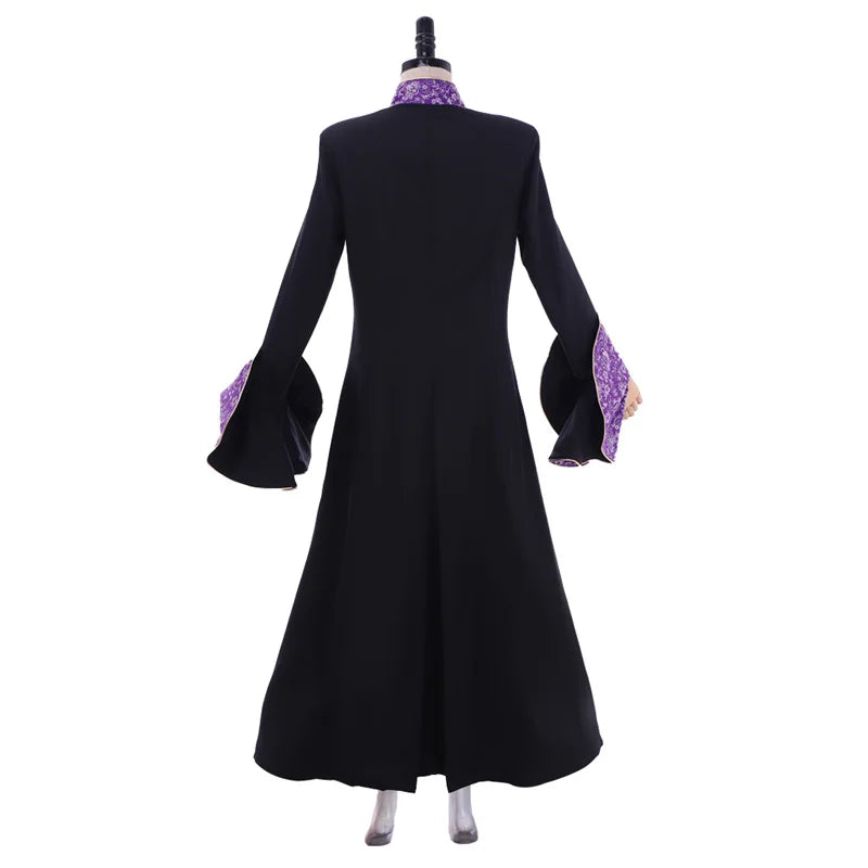 Medieval Priestess Robe Costume - Women’s Black Clergy Cassock with Trumpet Sleeves & Cloak | Astricos-Astricos