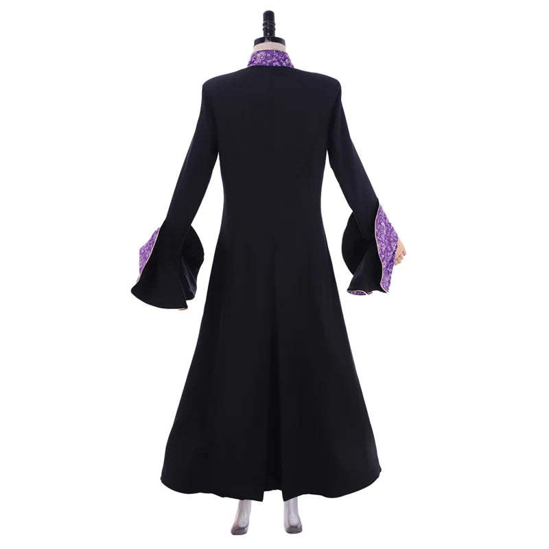 Medieval Priestess Robe Costume - Women’s Black Clergy Cassock with Trumpet Sleeves & Cloak | Astricos-Astricos