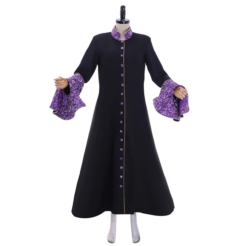 Medieval Priestess Robe Costume - Women’s Black Clergy Cassock with Trumpet Sleeves & Cloak | Astricos-Astricos