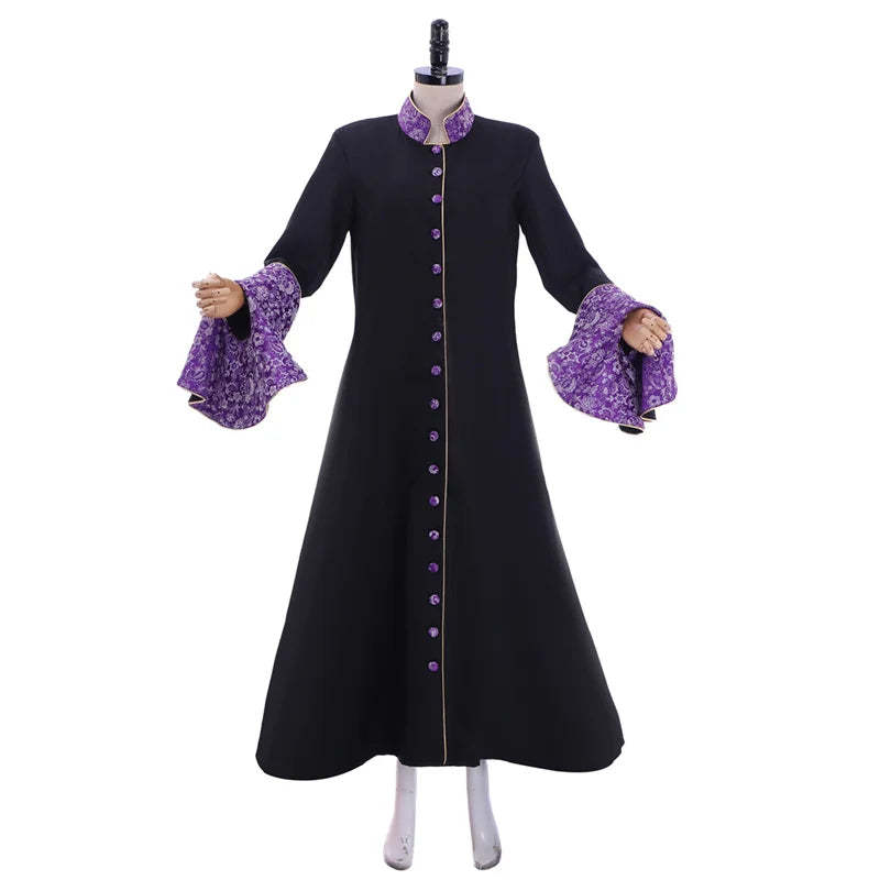 Medieval Priestess Robe Costume - Women’s Black Clergy Cassock with Trumpet Sleeves & Cloak | Astricos-Astricos